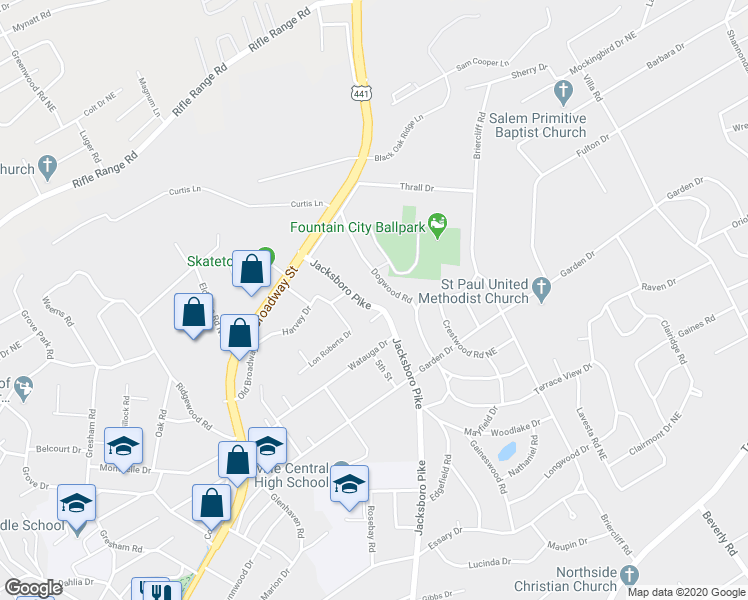 map of restaurants, bars, coffee shops, grocery stores, and more near 5612 Dogwood Road in Knoxville