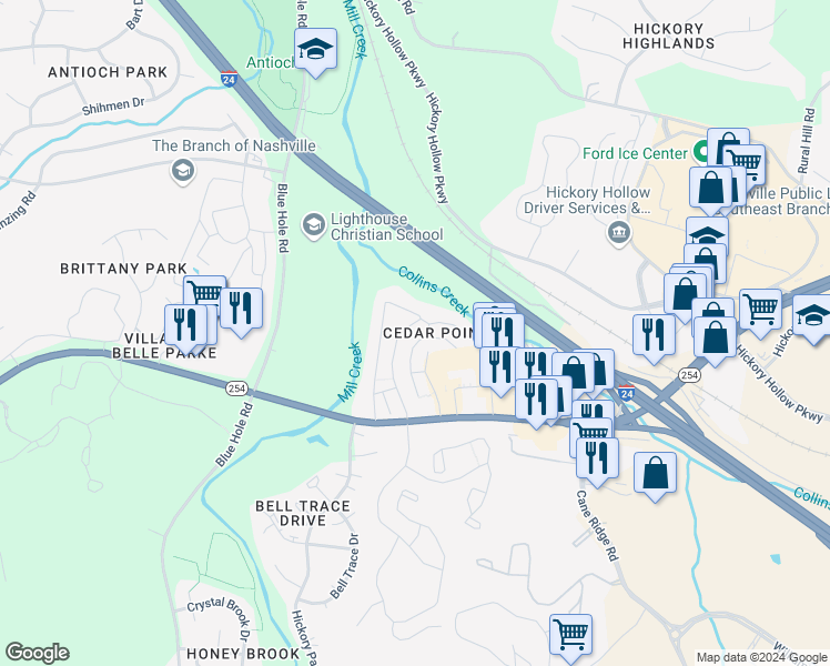 map of restaurants, bars, coffee shops, grocery stores, and more near 1211 Bell Road in Nashville