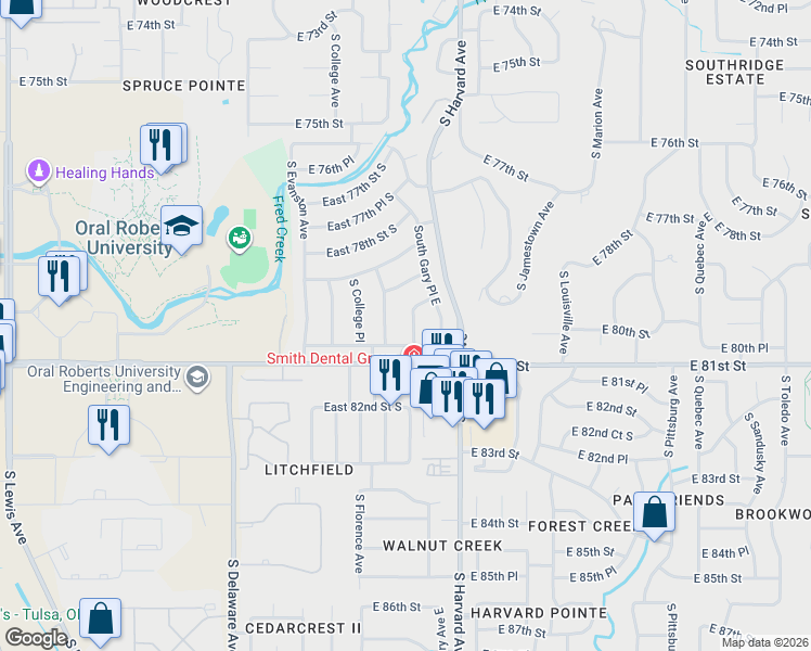 map of restaurants, bars, coffee shops, grocery stores, and more near 8003 South Gary Avenue East in Tulsa