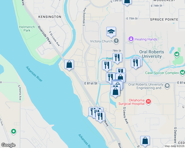 map of restaurants, bars, coffee shops, grocery stores, and more near 8001 South Wheeling Avenue in Tulsa