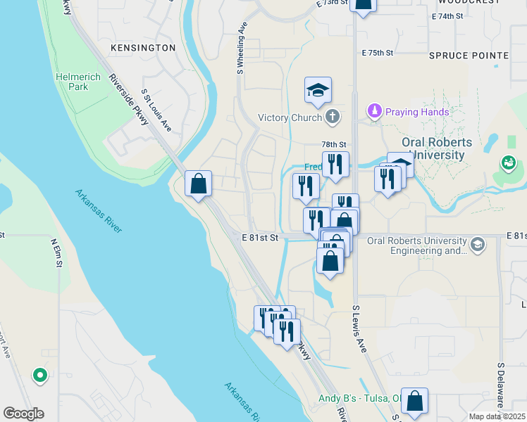 map of restaurants, bars, coffee shops, grocery stores, and more near 8001 South Wheeling Avenue in Tulsa