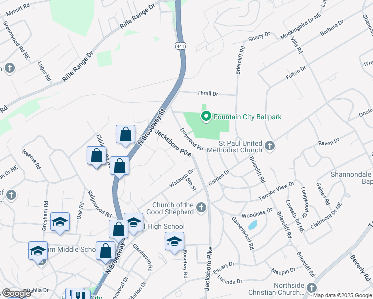 map of restaurants, bars, coffee shops, grocery stores, and more near 5608 Jacksboro Pike in Knoxville