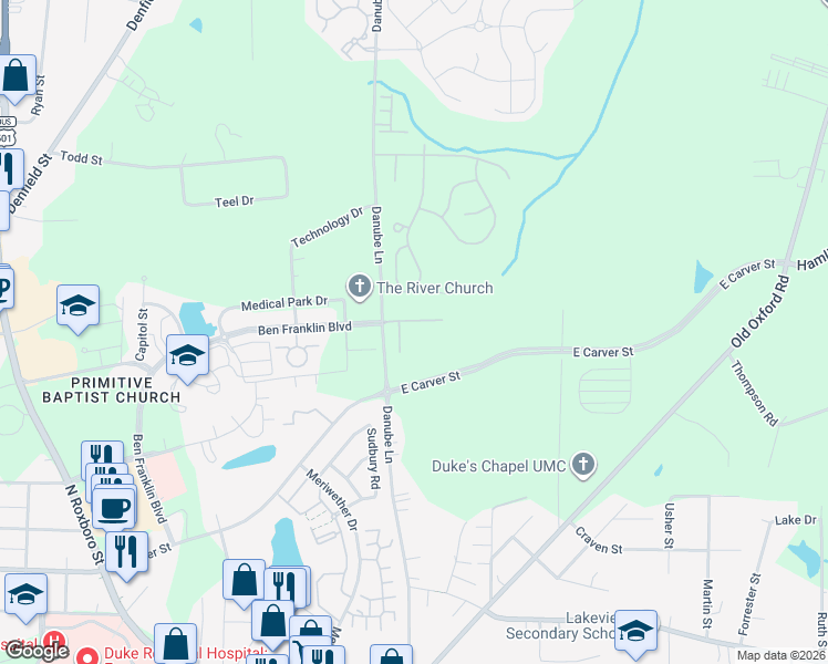 map of restaurants, bars, coffee shops, grocery stores, and more near 3900 Lillington Drive in Durham