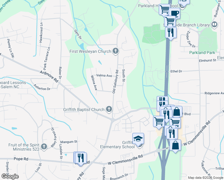 map of restaurants, bars, coffee shops, grocery stores, and more near 1621 Advent Street in Winston-Salem
