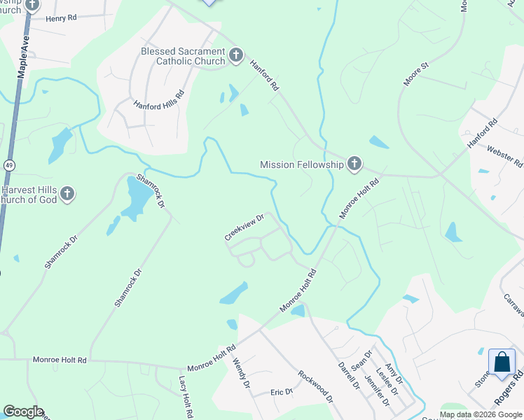 map of restaurants, bars, coffee shops, grocery stores, and more near Creekview Dr in Graham