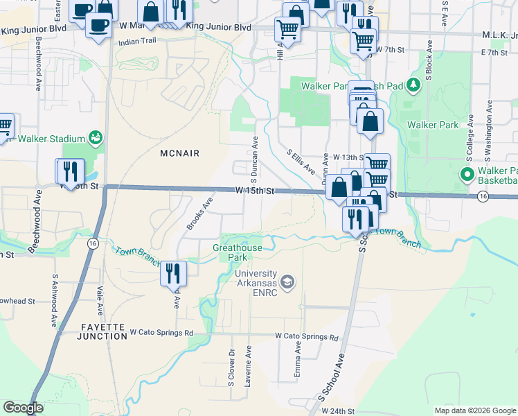 map of restaurants, bars, coffee shops, grocery stores, and more near 1555 South Crews Lane in Fayetteville