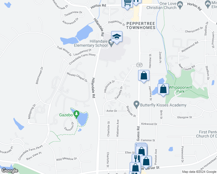 map of restaurants, bars, coffee shops, grocery stores, and more near 2626 Hitchcock Drive in Durham