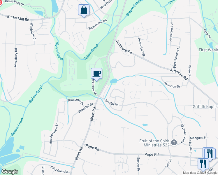 map of restaurants, bars, coffee shops, grocery stores, and more near 3626 Swaim Court in Winston-Salem