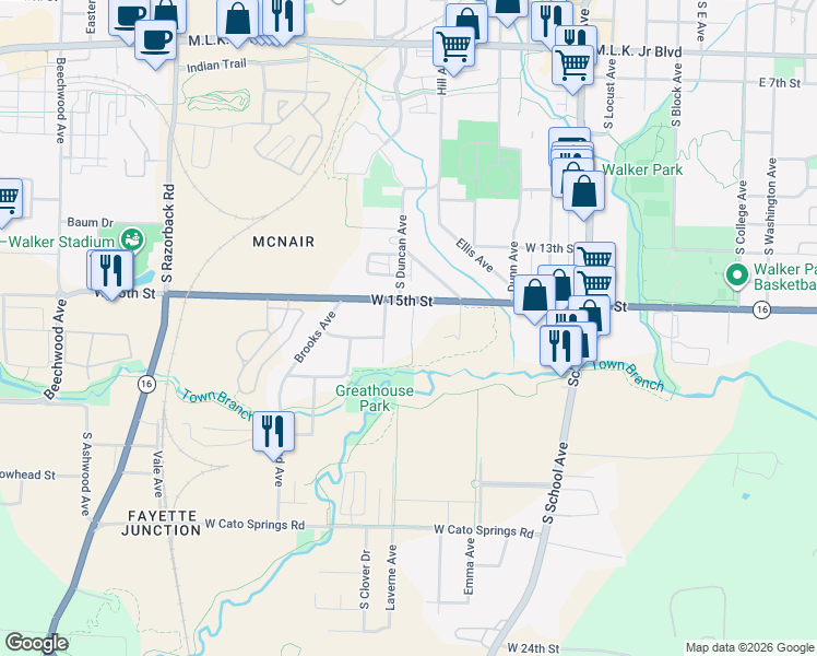 map of restaurants, bars, coffee shops, grocery stores, and more near 1509 South Crews Lane in Fayetteville