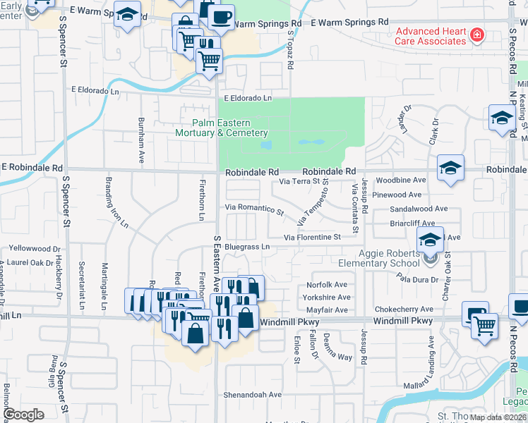 map of restaurants, bars, coffee shops, grocery stores, and more near 265 Via Malorca Street in Henderson