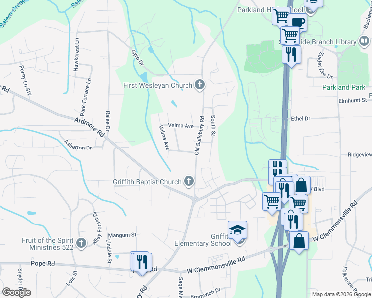 map of restaurants, bars, coffee shops, grocery stores, and more near 1621 Advent Street in Winston-Salem