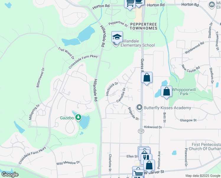 map of restaurants, bars, coffee shops, grocery stores, and more near 2627 Hitchcock Drive in Durham