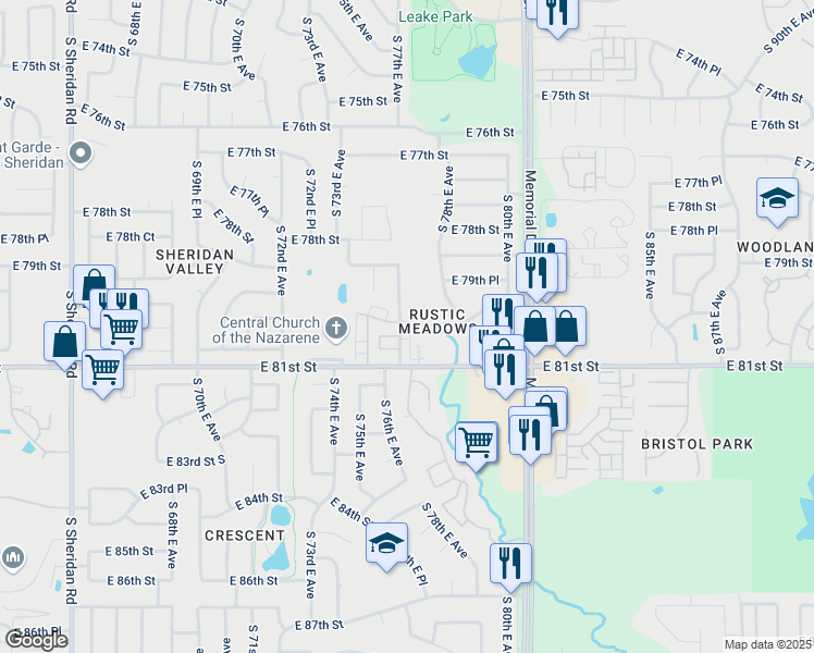 map of restaurants, bars, coffee shops, grocery stores, and more near 7933 South 77th East Avenue in Tulsa
