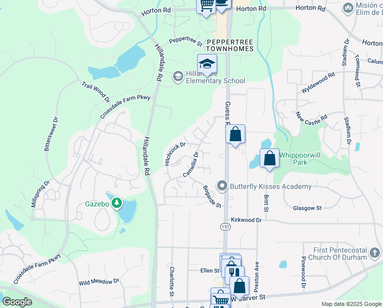 map of restaurants, bars, coffee shops, grocery stores, and more near 2637 Camellia Drive in Durham