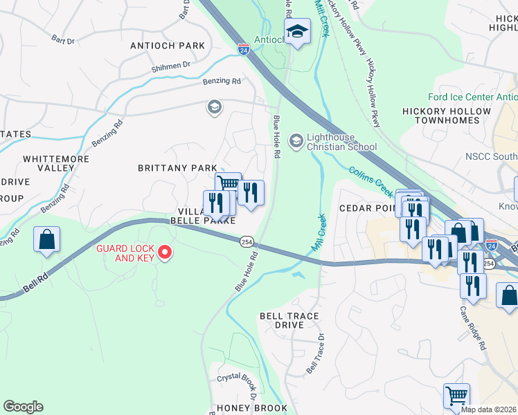 map of restaurants, bars, coffee shops, grocery stores, and more near 5215 Blue Hole Road in Nashville