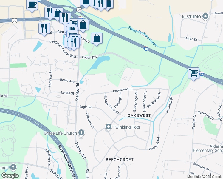 map of restaurants, bars, coffee shops, grocery stores, and more near 5208 Carolwood Drive in Greensboro