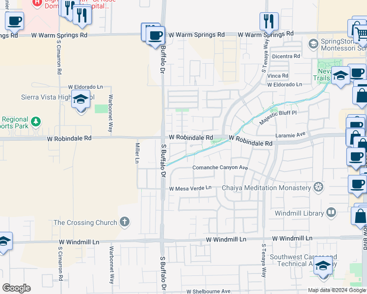map of restaurants, bars, coffee shops, grocery stores, and more near 7701 West Robindale Road in Las Vegas