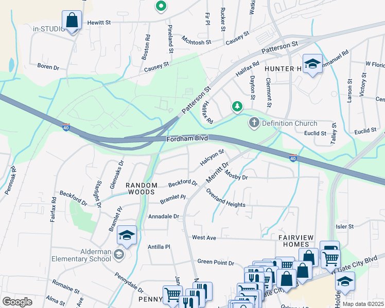 map of restaurants, bars, coffee shops, grocery stores, and more near 1805 Allenbrooke Drive in Greensboro