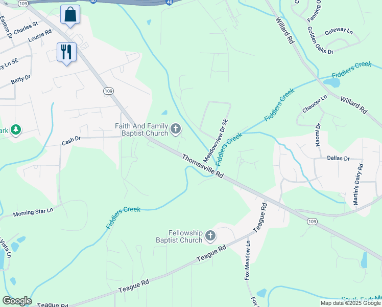 map of restaurants, bars, coffee shops, grocery stores, and more near 3767 1/2 Thomasville Road in Winston-Salem