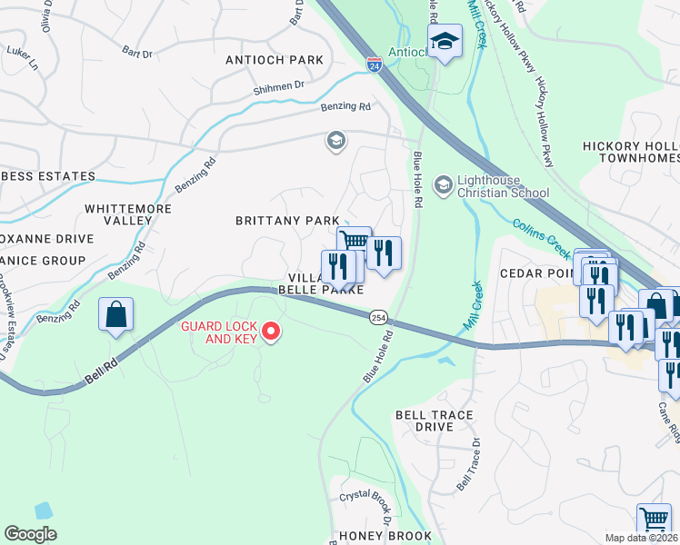 map of restaurants, bars, coffee shops, grocery stores, and more near 326 Villas at Belle Park in Nashville