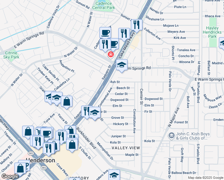 map of restaurants, bars, coffee shops, grocery stores, and more near 101 Beech Street in Henderson