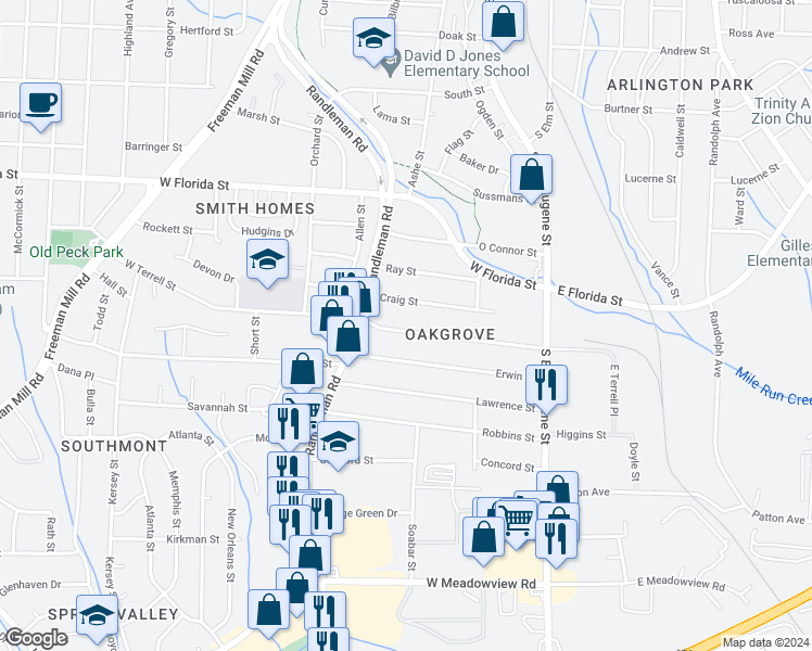 map of restaurants, bars, coffee shops, grocery stores, and more near 308 West Terrell Street in Greensboro