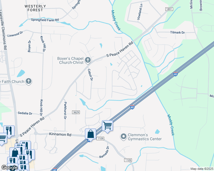 map of restaurants, bars, coffee shops, grocery stores, and more near 2992 Cameron Village Court in Winston-Salem