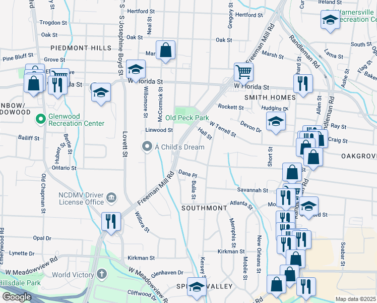 map of restaurants, bars, coffee shops, grocery stores, and more near 1931 Freeman Mill Road in Greensboro
