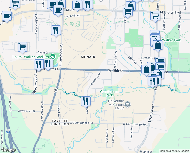 map of restaurants, bars, coffee shops, grocery stores, and more near 1538 Brooks Avenue in Fayetteville