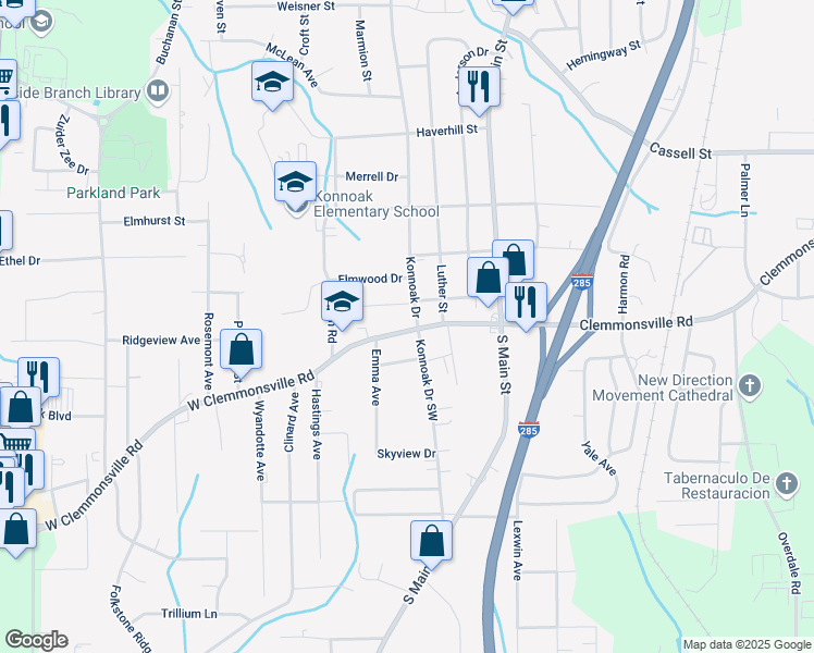 map of restaurants, bars, coffee shops, grocery stores, and more near 3514 Konnoak Drive in Winston-Salem