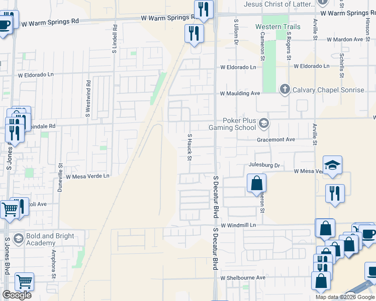 map of restaurants, bars, coffee shops, grocery stores, and more near 7797 South Hauck Street in Las Vegas