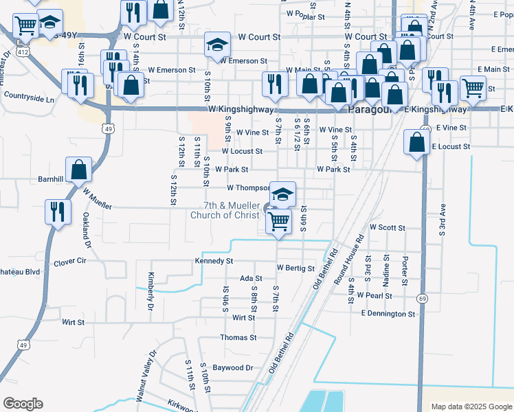 map of restaurants, bars, coffee shops, grocery stores, and more near 725 West Mueller in Paragould