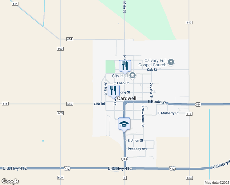 map of restaurants, bars, coffee shops, grocery stores, and more near Cunningham Street in Cardwell