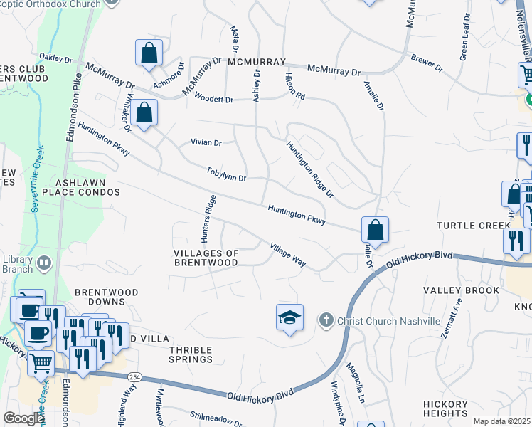 map of restaurants, bars, coffee shops, grocery stores, and more near 599 Huntington Parkway in Nashville