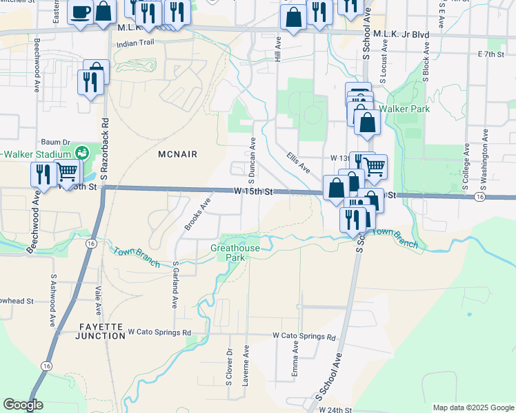 map of restaurants, bars, coffee shops, grocery stores, and more near 1509 South Crews Lane in Fayetteville