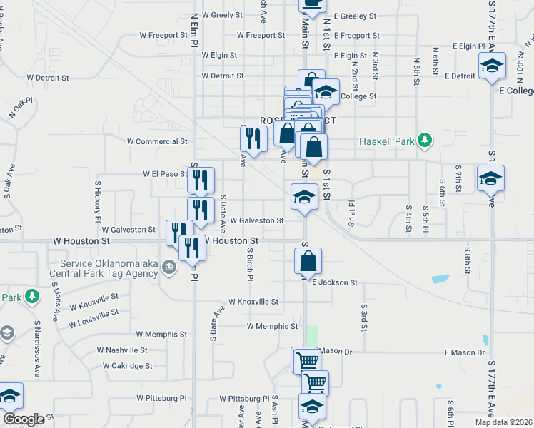 map of restaurants, bars, coffee shops, grocery stores, and more near 219 West Fort Worth Street in Broken Arrow