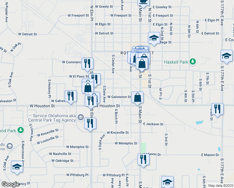 map of restaurants, bars, coffee shops, grocery stores, and more near 500 South Cedar Avenue in Broken Arrow