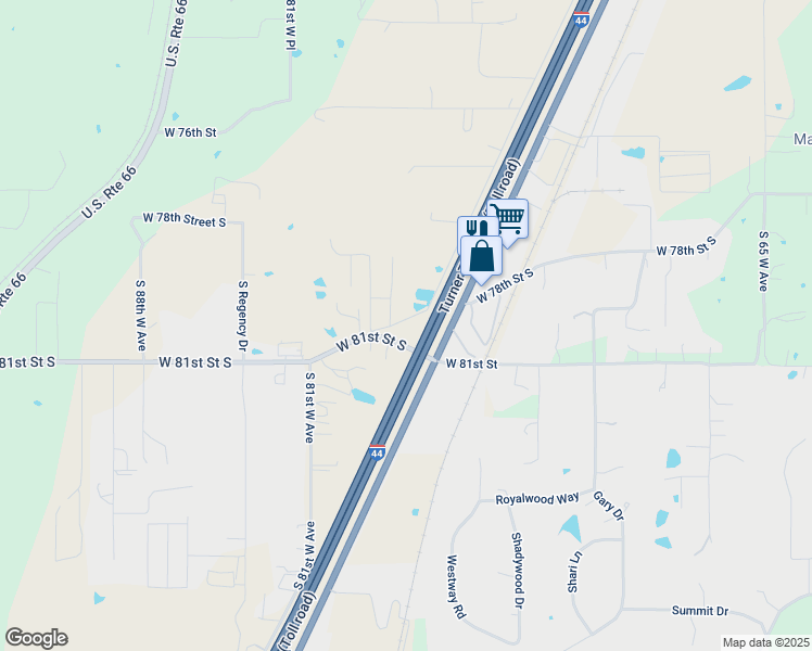 map of restaurants, bars, coffee shops, grocery stores, and more near 6410 81st West Avenue in Tulsa