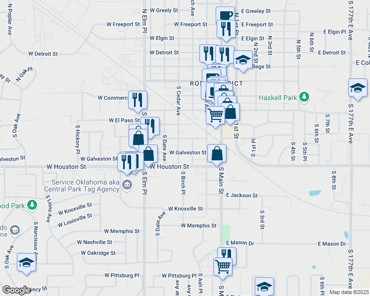 map of restaurants, bars, coffee shops, grocery stores, and more near 500 South Cedar Avenue in Broken Arrow