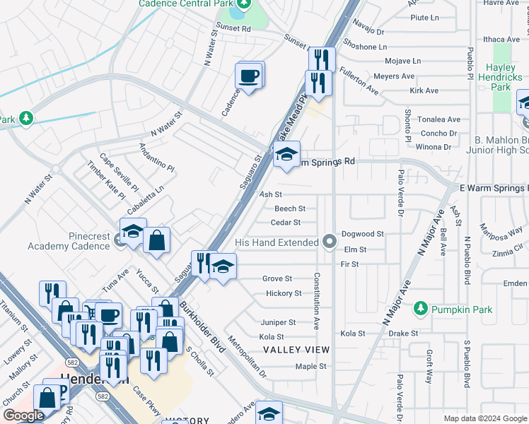 map of restaurants, bars, coffee shops, grocery stores, and more near 101 Beech Street in Henderson