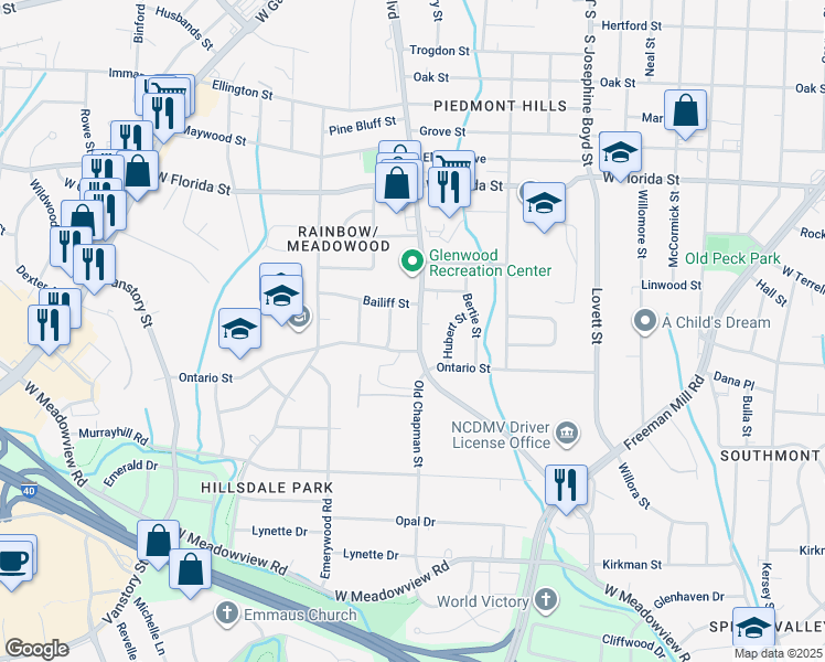 map of restaurants, bars, coffee shops, grocery stores, and more near 2208 Coliseum Boulevard in Greensboro