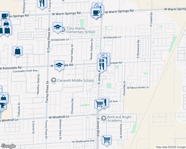 map of restaurants, bars, coffee shops, grocery stores, and more near 7760 South Coronado Island Street in Las Vegas