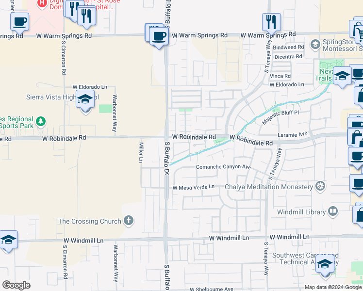map of restaurants, bars, coffee shops, grocery stores, and more near 7701 West Robindale Road in Las Vegas