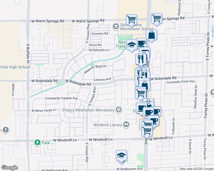 map of restaurants, bars, coffee shops, grocery stores, and more near 7221 Laramie Avenue in Las Vegas