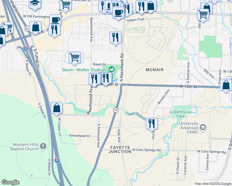 map of restaurants, bars, coffee shops, grocery stores, and more near 1563 South Razorback Road in Fayetteville