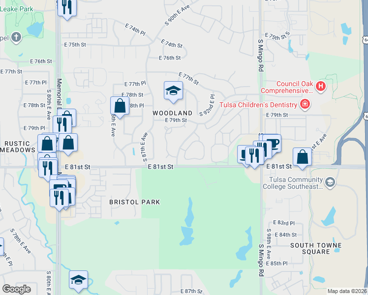 map of restaurants, bars, coffee shops, grocery stores, and more near 7934 South 92nd East Place in Tulsa