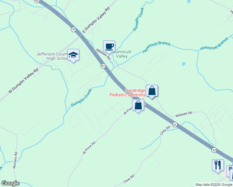 map of restaurants, bars, coffee shops, grocery stores, and more near 231 Tennessee 92 in Dandridge