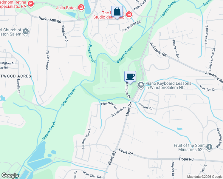 map of restaurants, bars, coffee shops, grocery stores, and more near 2504 Tantelon Place in Winston-Salem