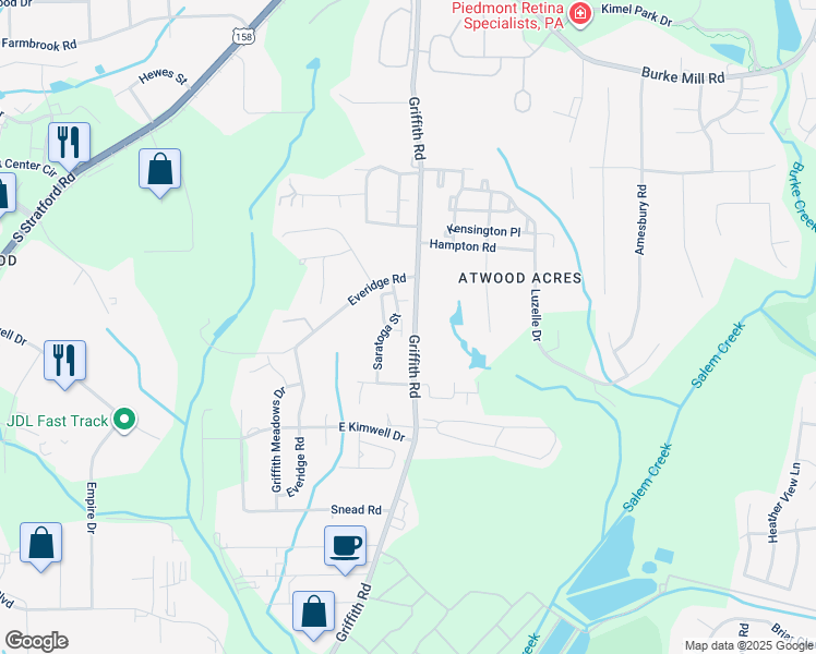 map of restaurants, bars, coffee shops, grocery stores, and more near 2671 Halle Ann Circle in Winston-Salem