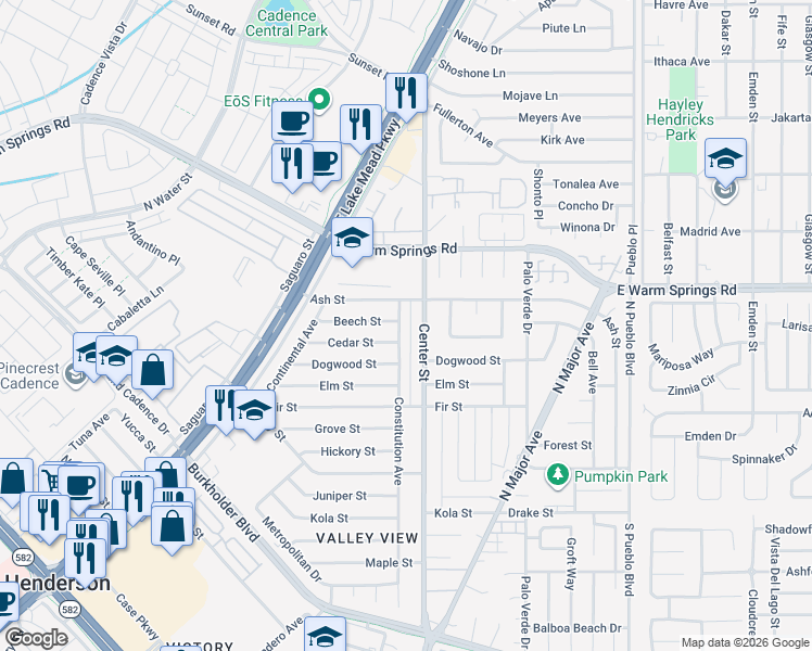 map of restaurants, bars, coffee shops, grocery stores, and more near 2 Constitution Avenue in Henderson